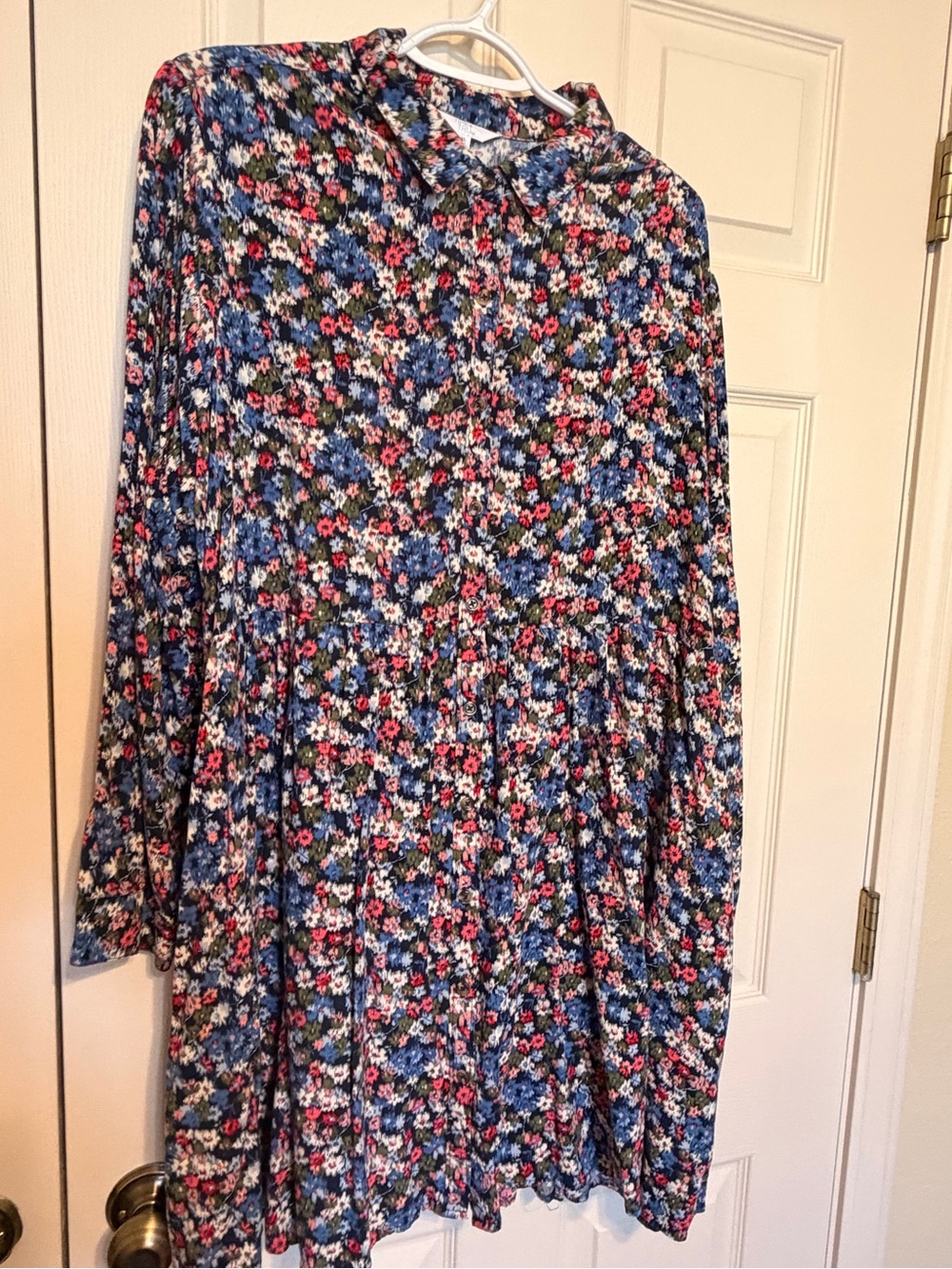 Floral Button-Front Long Sleeve Dress - Blue, Pink, White size XXL